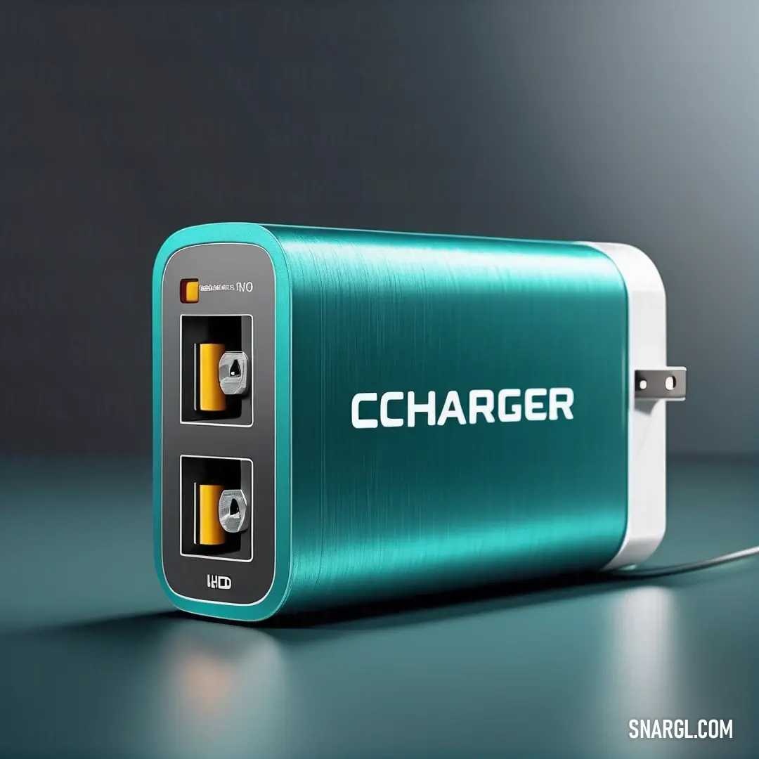 Charger with two usbs attached to it on a table with a black background. Color CMYK 90,0,38,30.