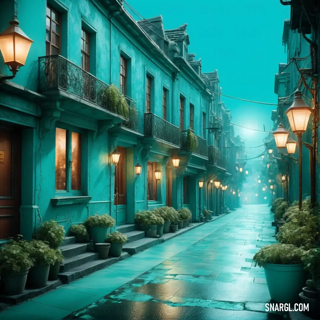 Street with a few buildings and a lamp post on it at night time with a rain soaked sidewalk. Color #008383.