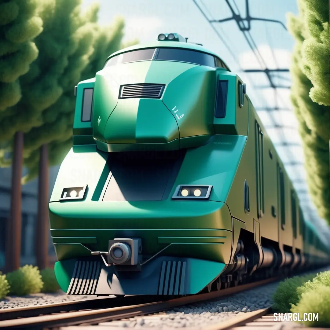 NCS S 3050-B60G color. Green train traveling down train tracks next to trees and power lines in the background