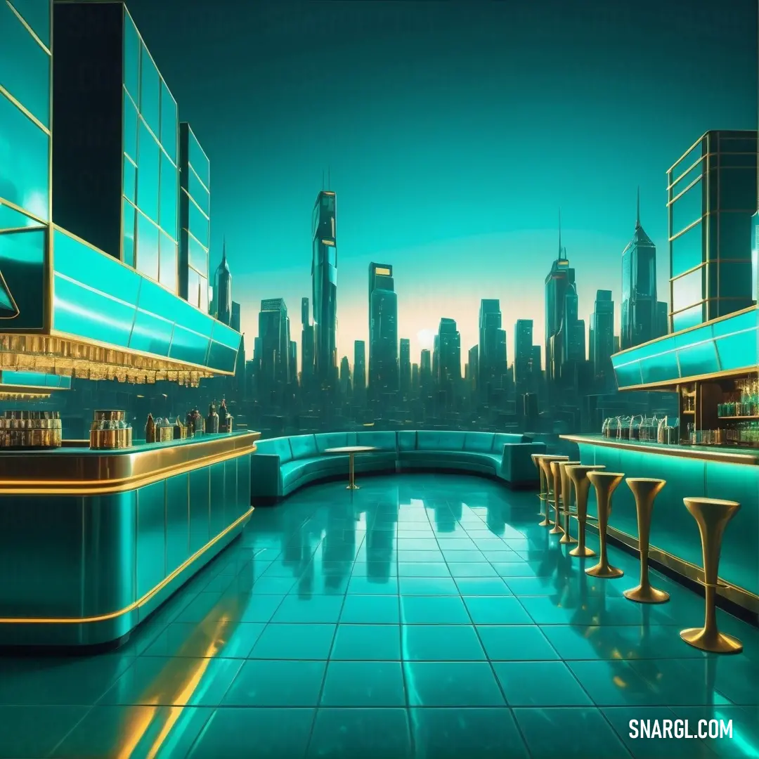 Bar with a view of a city at night time with neon lights and a blue floor. Example of NCS S 3050-B60G color.