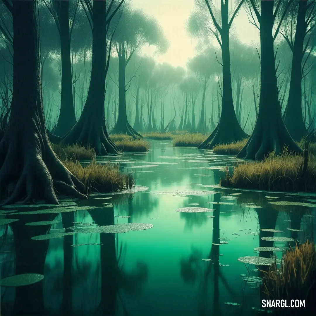 Painting of a swamp with trees and water in the foreground. Color NCS S 3050-B60G.