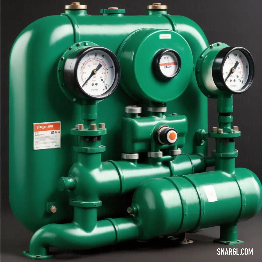 Green gas tank with gauges and valves on it's sides. Color CMYK 90,0,78,15.