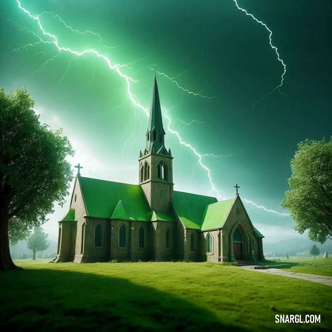 Church with a green roof and a lightning bolt in the sky above it and a tree in the foreground. Example of #38934B color.