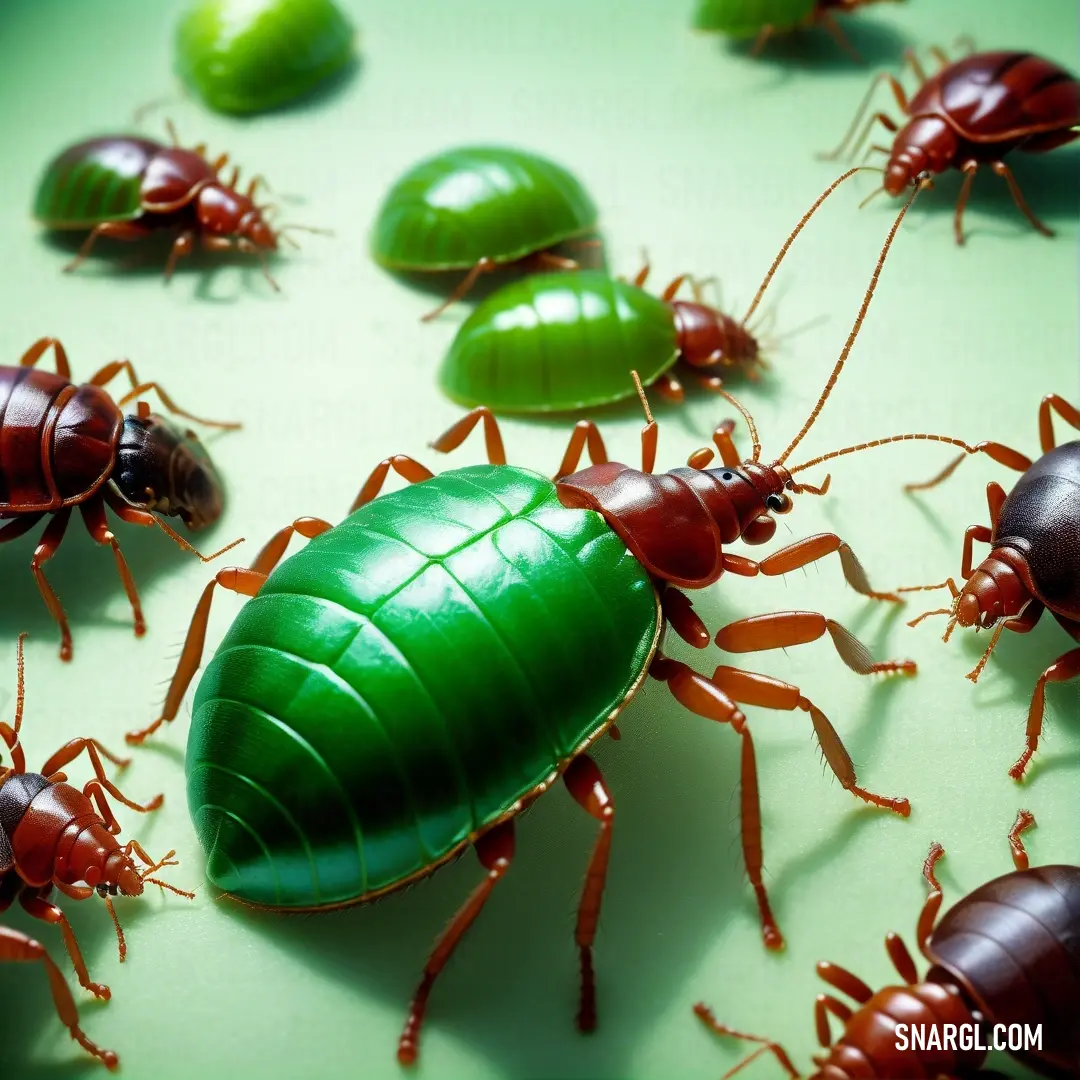 Group of green and red bugs on a green surface with green. Color CMYK 72,0,80,20.