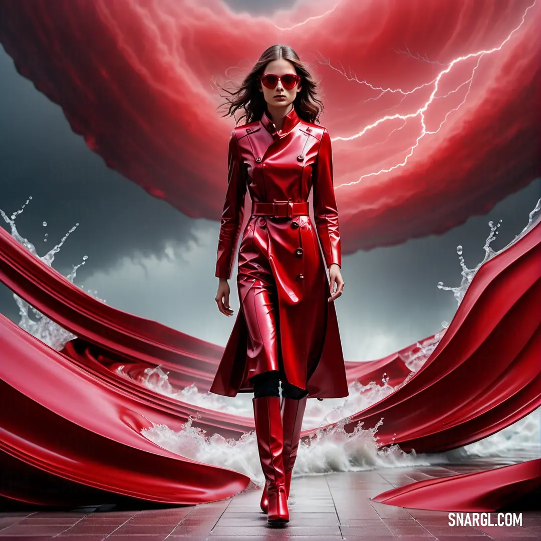 Woman in a red trench coat and sunglasses walks down a runway. Color RGB 164,57,66.