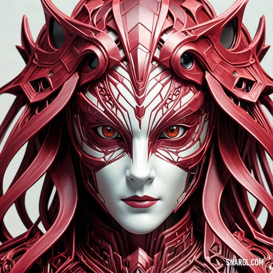 Woman with red hair and a white face with horns and horns on her head. Example of #952941 color.