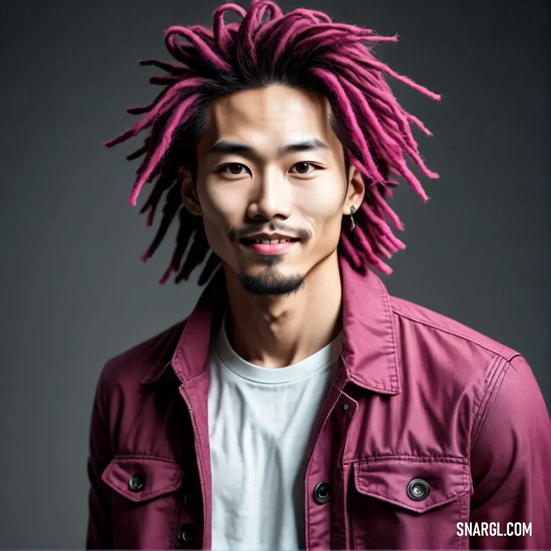Man with a pink dreadlocks on his head and a white shirt on his shirt is looking at the camera. Color #8B1C44.