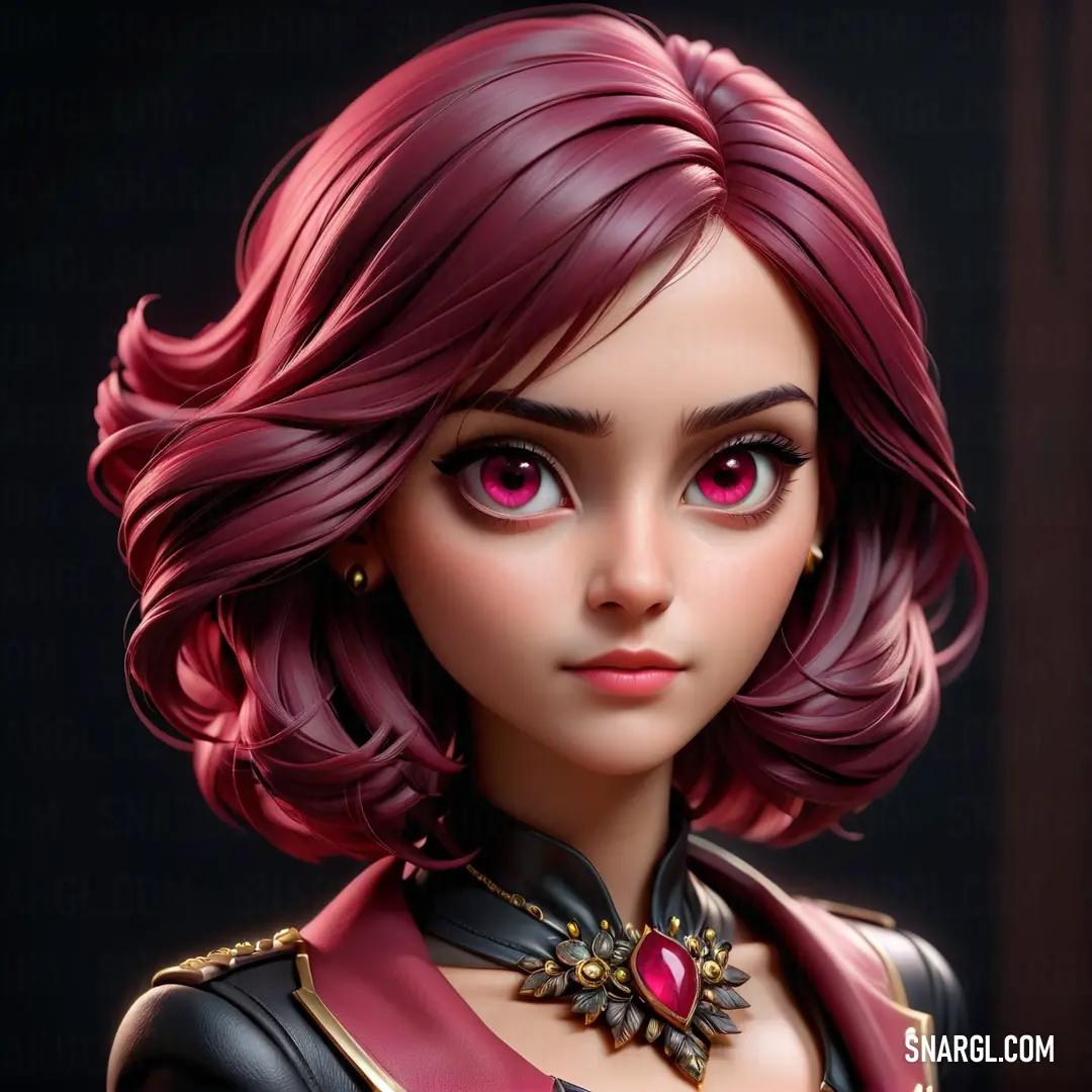 NCS S 3050-R20B color. Close up of a doll with pink hair and a necklace on her neck and chest