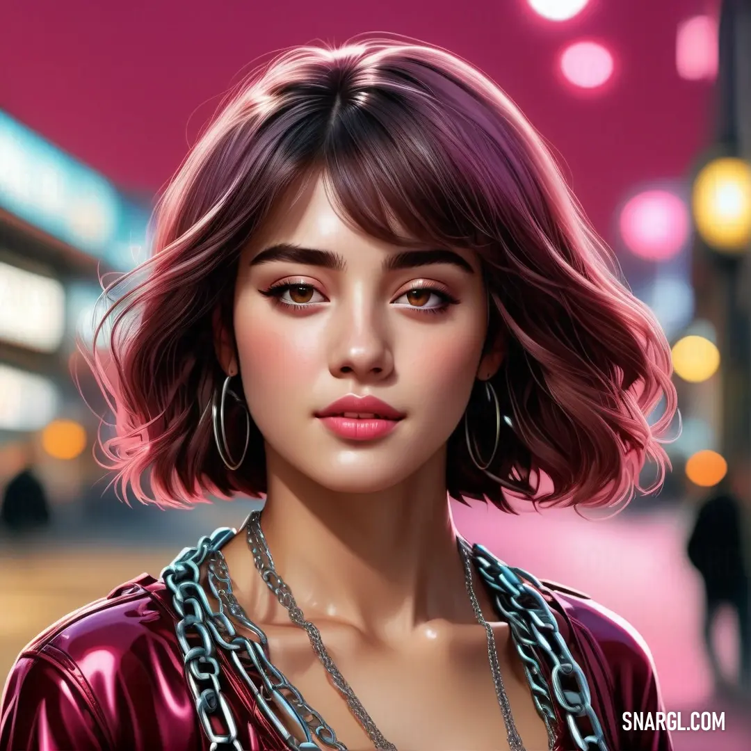 Digital painting of a woman with a necklace and earrings on her neck and a pink background. Color NCS S 3050-R20B.