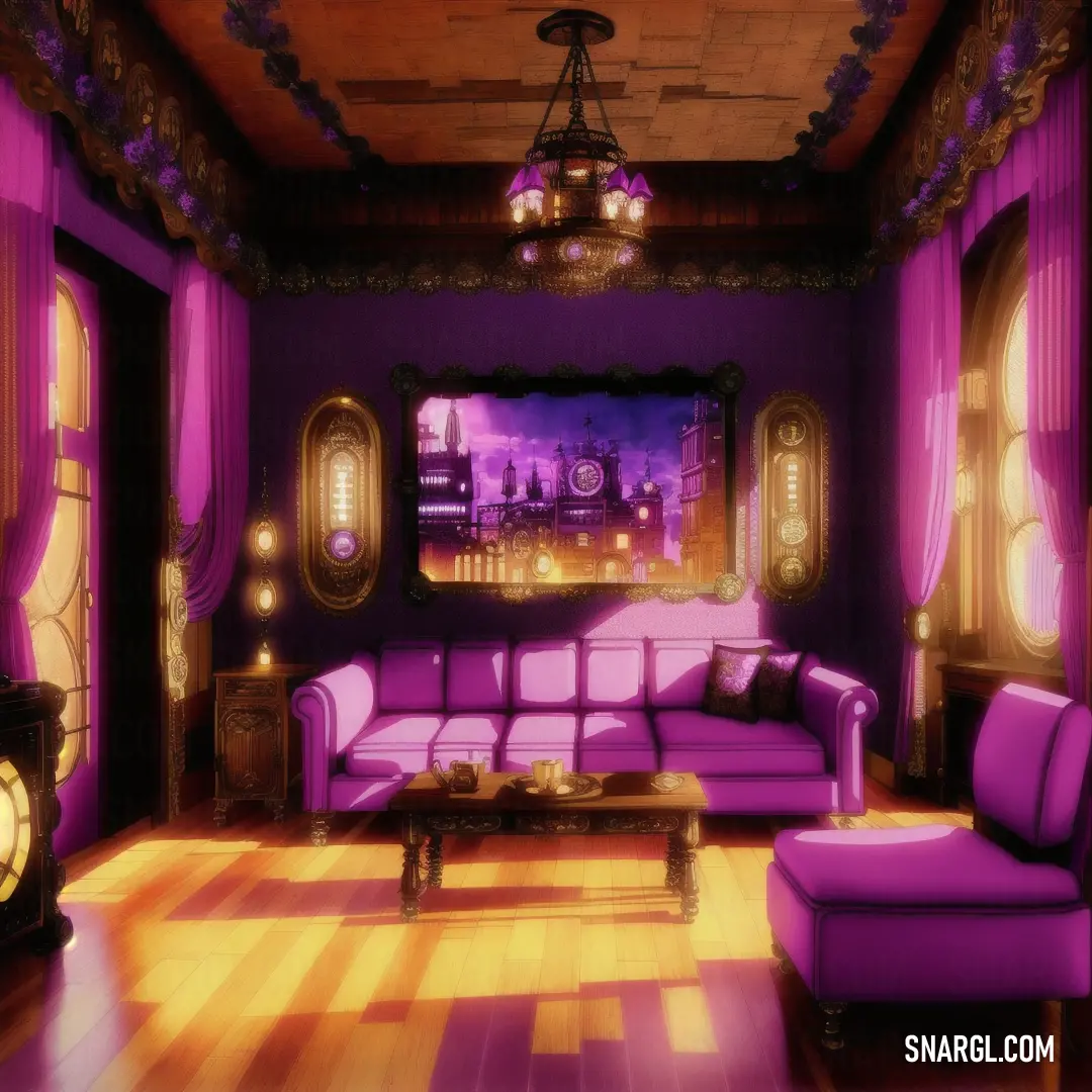 NCS S 3050-R30B color. Living room with purple furniture and a large window with a city view in the window and a clock