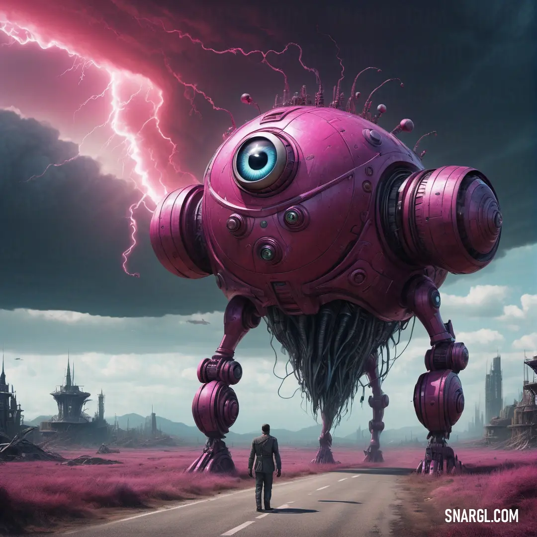 Man walking down a road next to a giant robot with a huge eye on it's head. Example of RGB 145,39,97 color.