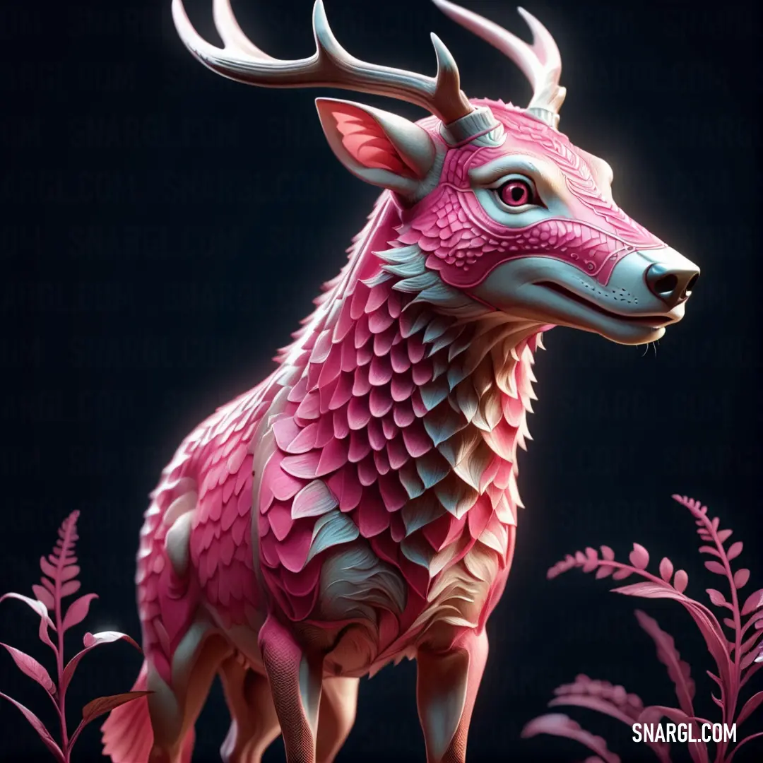 NCS S 3050-R30B color example: Pink deer with horns standing in a field of flowers and plants on a black background