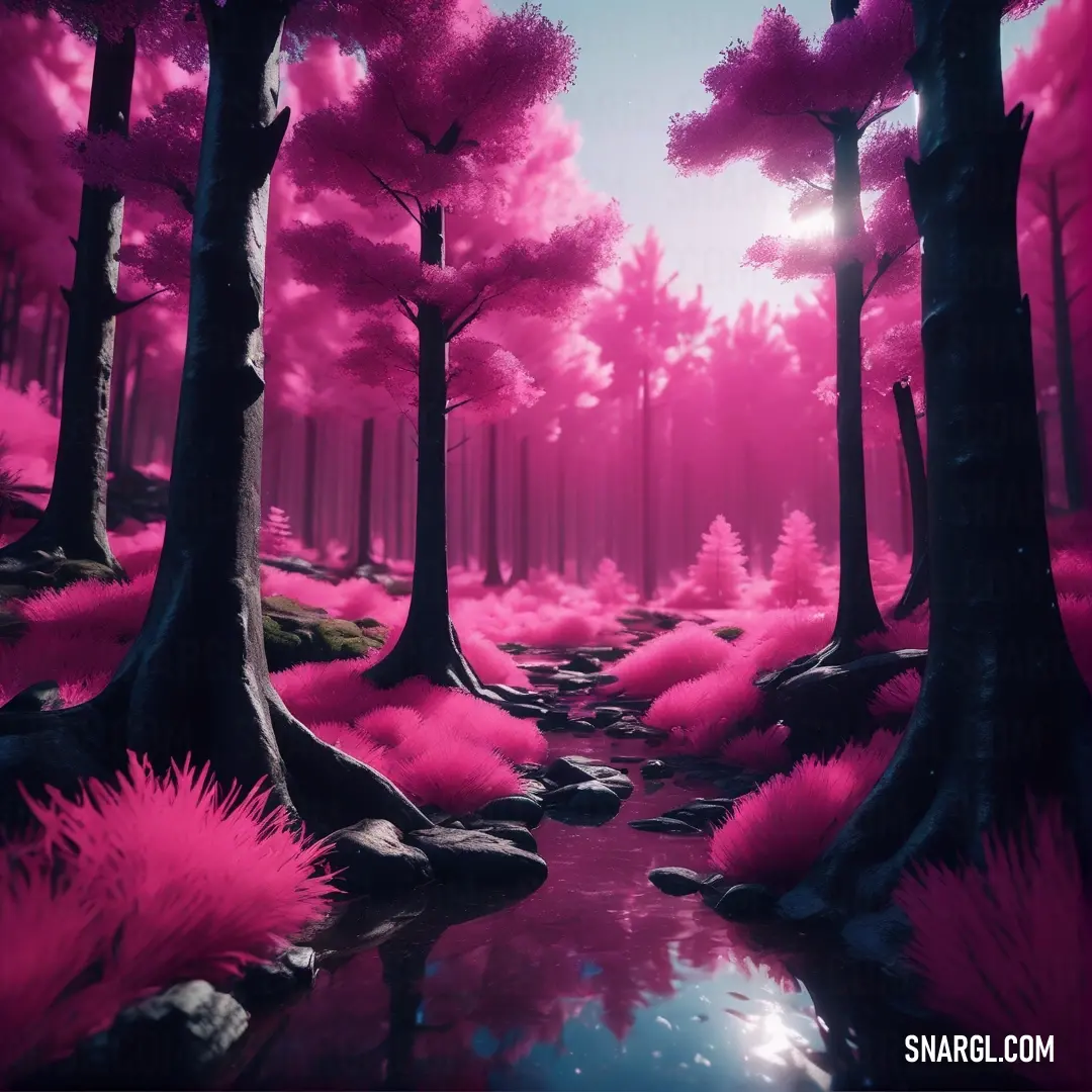 Pink forest with a stream and trees in the background. Color RGB 145,39,97.