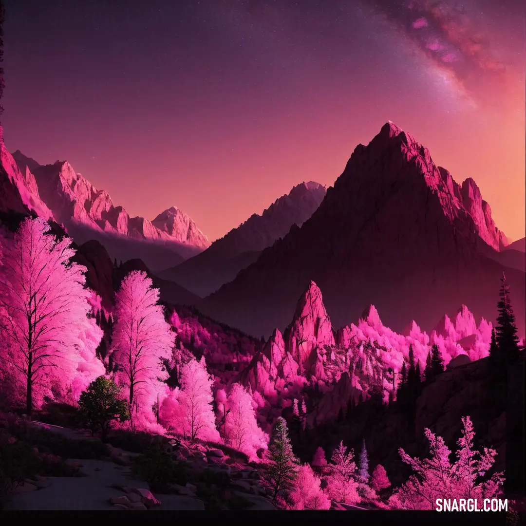 NCS S 3050-R30B color. Pink landscape with mountains and trees in the background