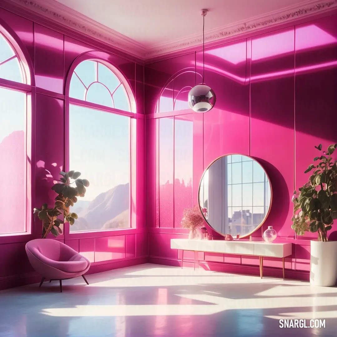 Room with a large mirror and a pink chair in it and a potted plant in the corner. Color CMYK 5,85,0,40.