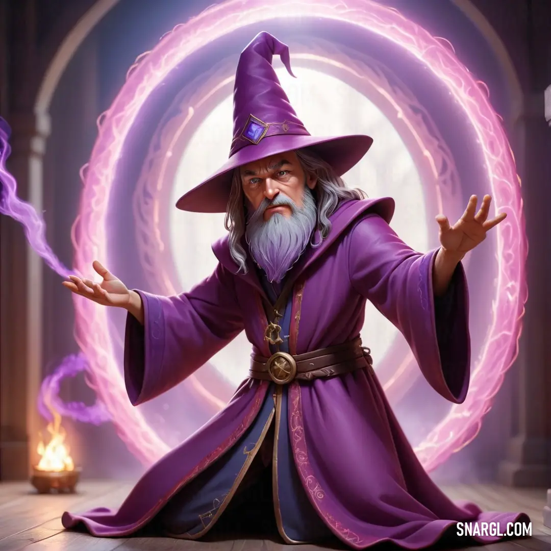 NCS S 3050-R30B color. Wizard with a purple robe and hat on holding a wand in his hand and a purple circle behind him