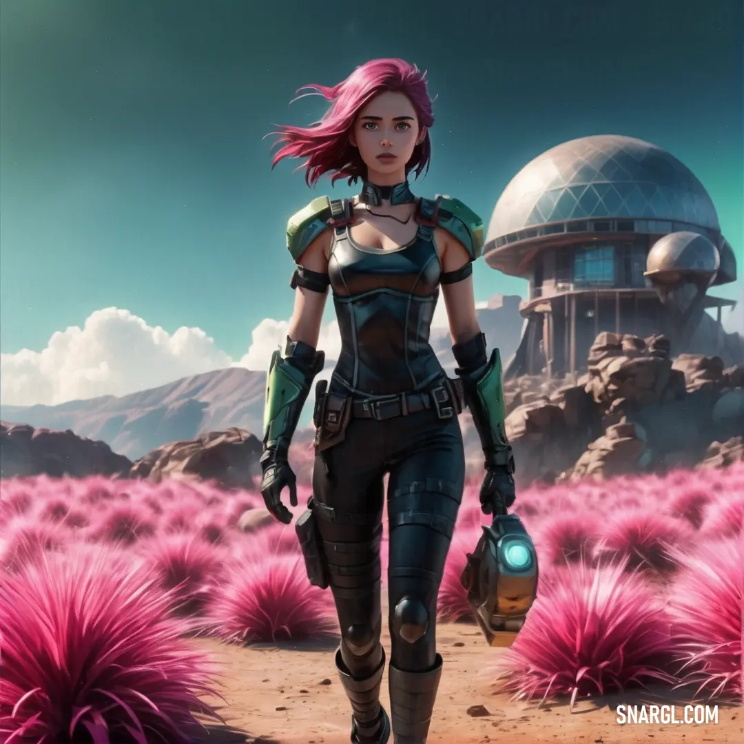 Woman in a futuristic suit walking through a desert area with a futuristic building in the background. Color RGB 145,39,97.