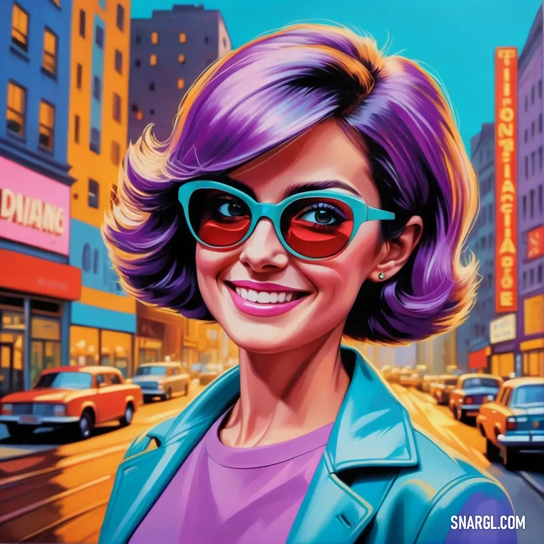 Woman with purple hair and sunglasses on a city street with buildings and cars in the background. Example of CMYK 5,85,0,40 color.