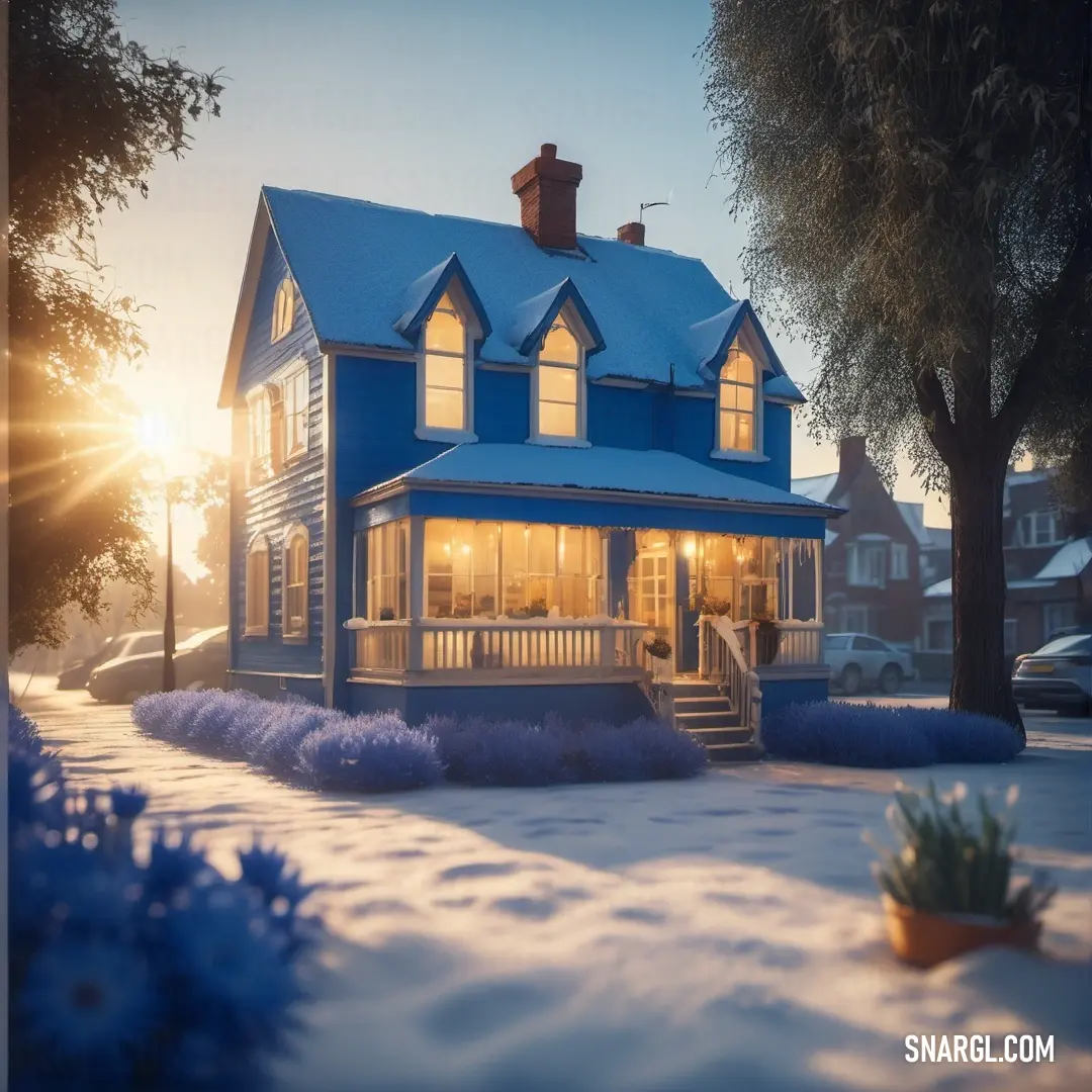 Blue house with a porch and a porch covered in snow at sunset with a tree and bushes in the foreground. Color NCS S 3050-R90B.
