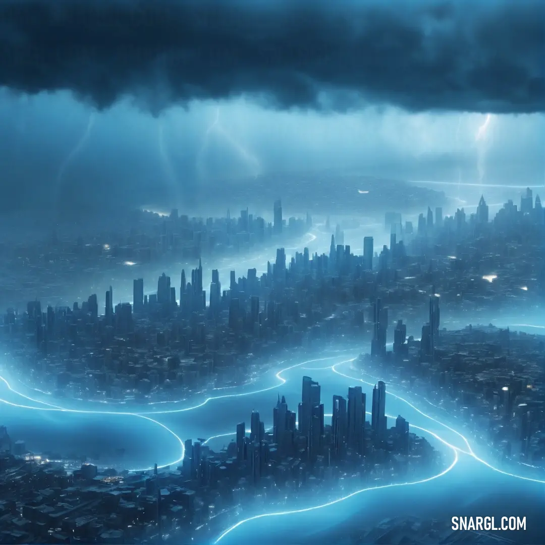 City is shown with lightning in the sky and a river running through it. Color RGB 21,110,156.