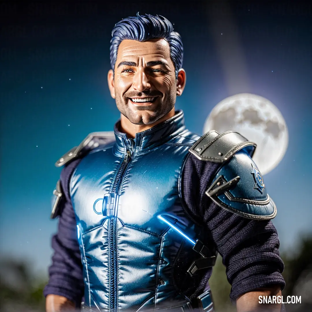 Man in a blue leather outfit with a helmet and a sword in his hand and a full moon in the background. Example of #156E9C color.