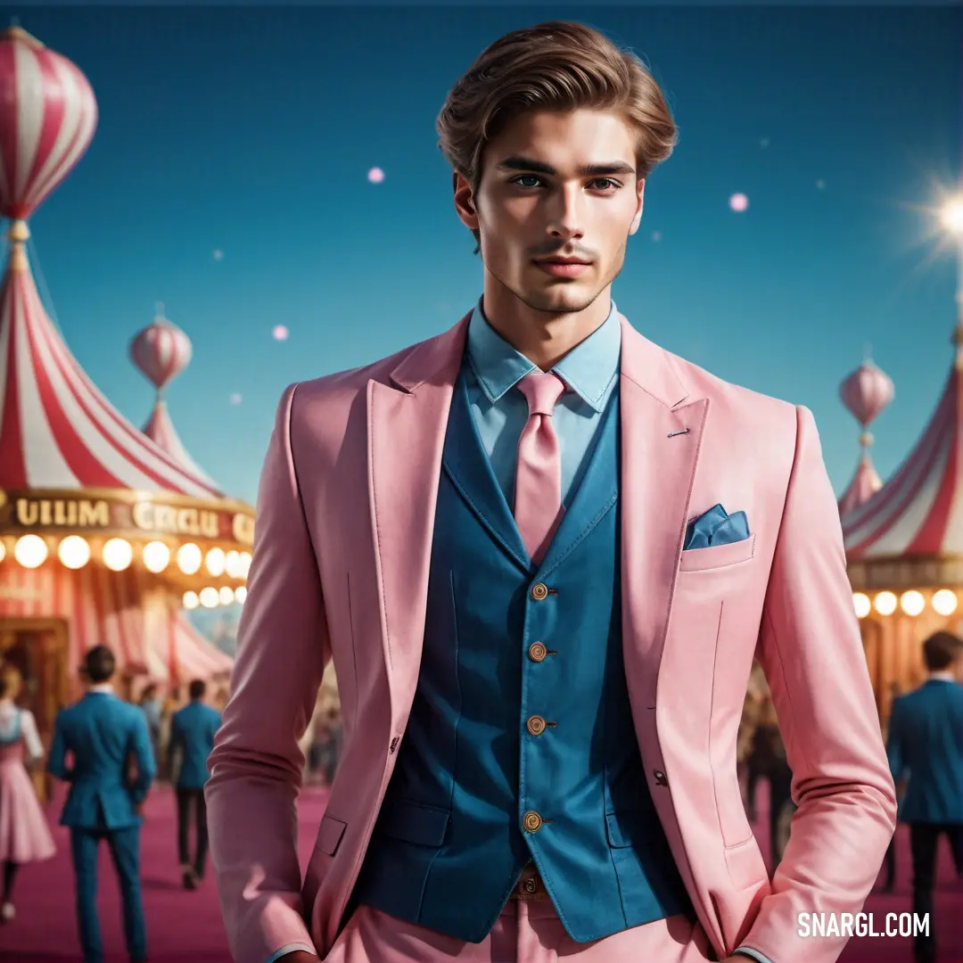 NCS S 3050-R90B color. Man in a pink suit and blue shirt standing in front of a carnival ride at night