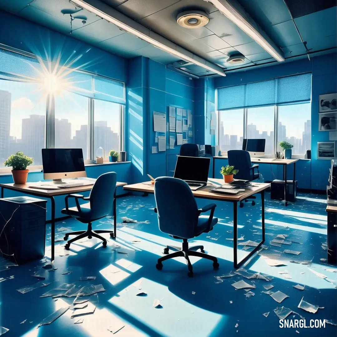 Room with a lot of desks and chairs in it with a view of the city outside the window. Example of CMYK 82,35,0,25 color.