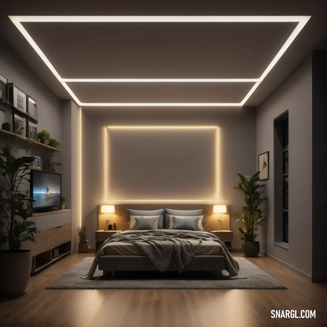 A cozy bedroom scene featuring a well-made bed and a sleek TV positioned in the corner. The inviting colors with RGB 156,122,25 provide a warm and comforting atmosphere for relaxation.