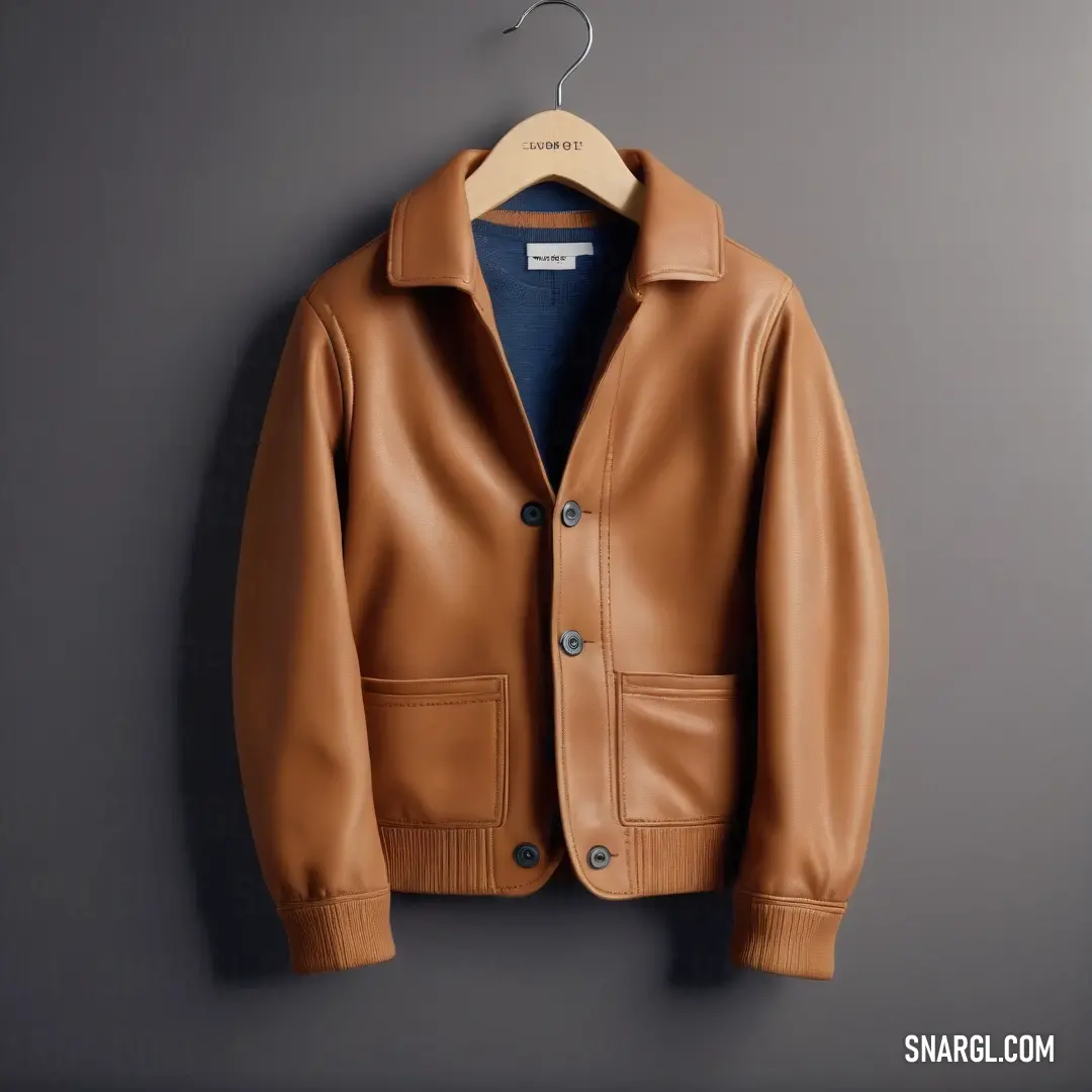 A stylish display features a brown leather jacket draped casually on the wall, complemented by a classic blue shirt underneath, all resting elegantly on a rustic coat hanger. This arrangement speaks to sophisticated fashion and thoughtful design.