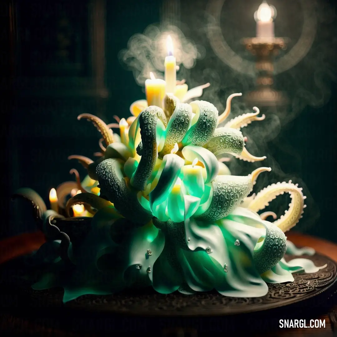 A lit candle flickers gently on a table adorned with a delicate green flower. In the background, another candle softly glows, its warm light adding to the peaceful ambiance of the moment.