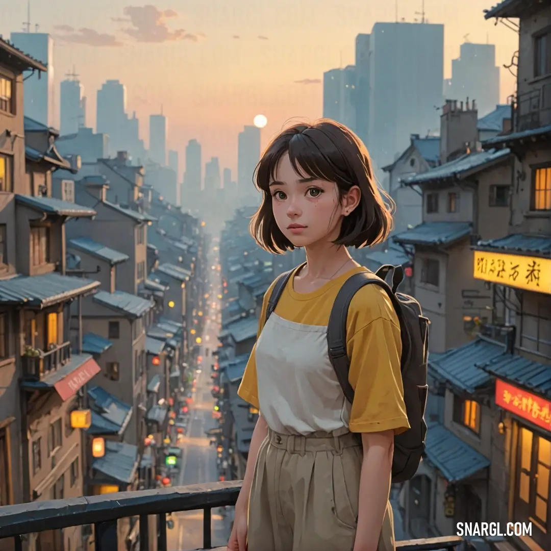 A young girl stands on a picturesque balcony, gazing thoughtfully over a stunning cityscape bathed in the warm hues of sunset. Buildings silhouette against the vibrant sky, creating a scene filled with hope and wonder.