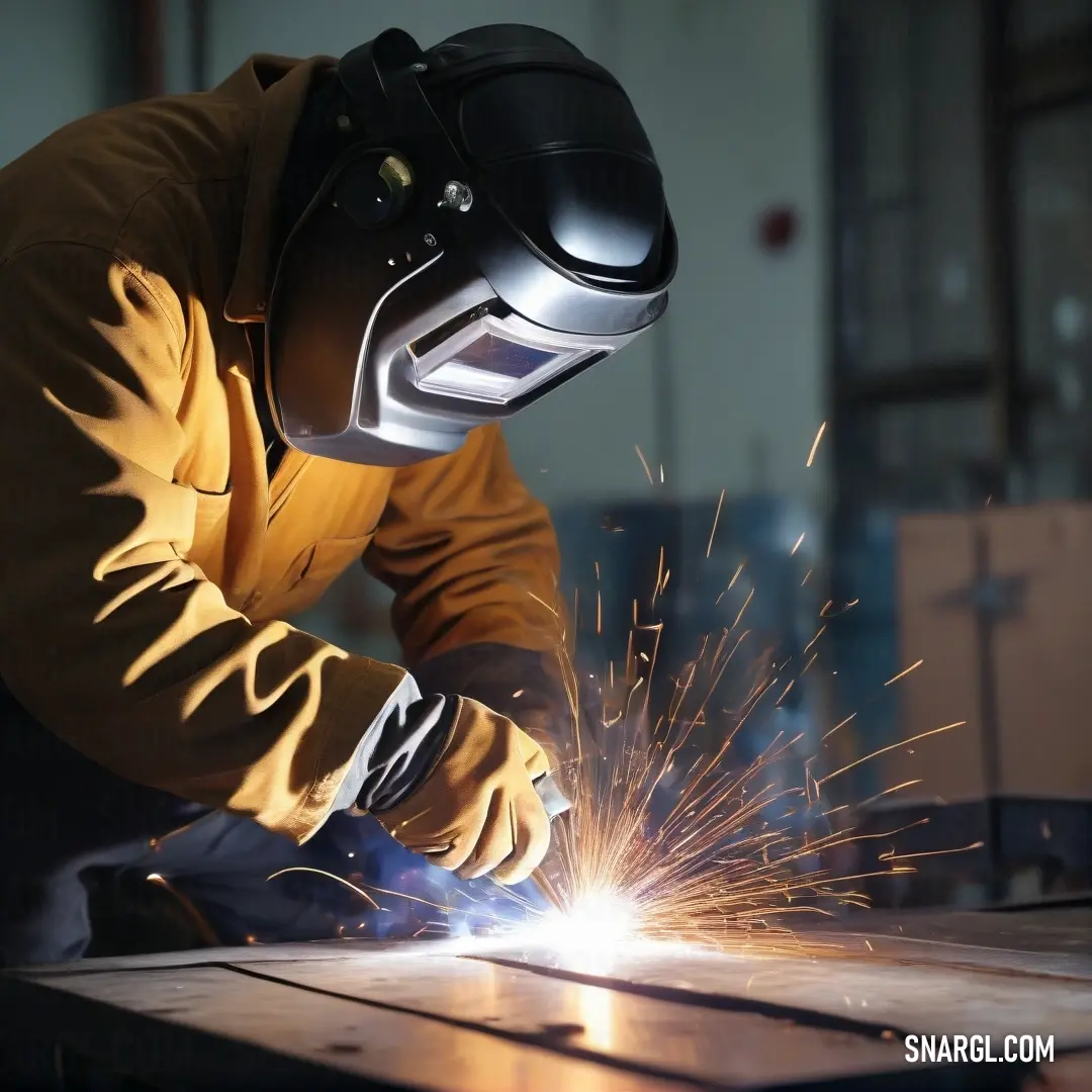 A skilled worker clad in a helmet is focused intently as he welds metal with a powerful grinder, illuminated by a bright light. Sparks fly, highlighting the moment's intensity and craftsmanship.