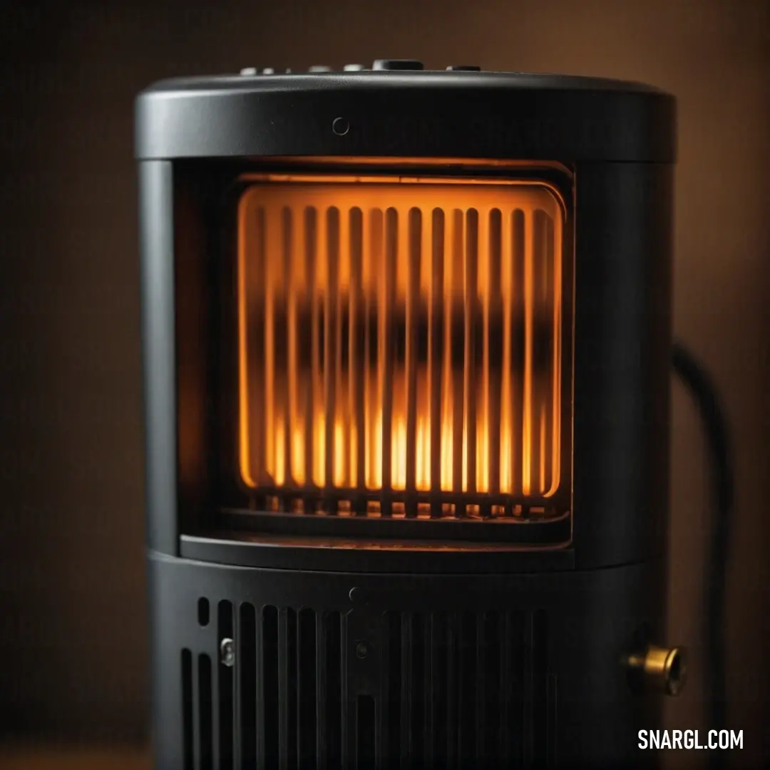 An elegant black heater with an inviting yellow glow on the side, set against a warm brown wall and sleek black table. Its unique design and striking color contrast make it a practical yet stylish addition to any space, reflecting #9C7A19.