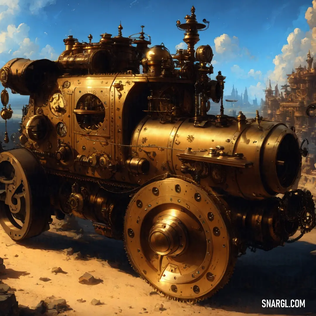 A powerful metal steam engine sits on a sandy beach with a majestic castle in the background. The golden hues of the steam engine stand out against the soft sand, while the castle looms proudly in the distance, offering a captivating view.