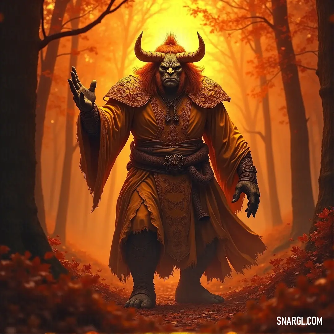 A fierce demon emerges from a lush forest, its captivating gaze drawing you in. The setting sun bathes the scene in warm hues, while rays of light filter through the trees, creating an enchanting contrast to the creature's fierce demeanor.