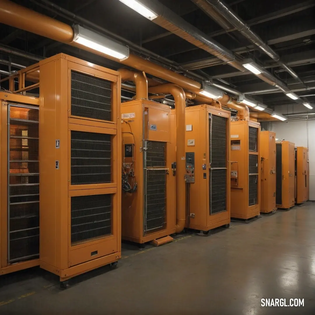 A vibrant row of orange electrical equipment neatly arranged in an industrial setting. The backdrop reveals exposed pipes and ceiling fixtures, creating a dynamic contrast that highlights the energy of the workspace with a bold pop of color.