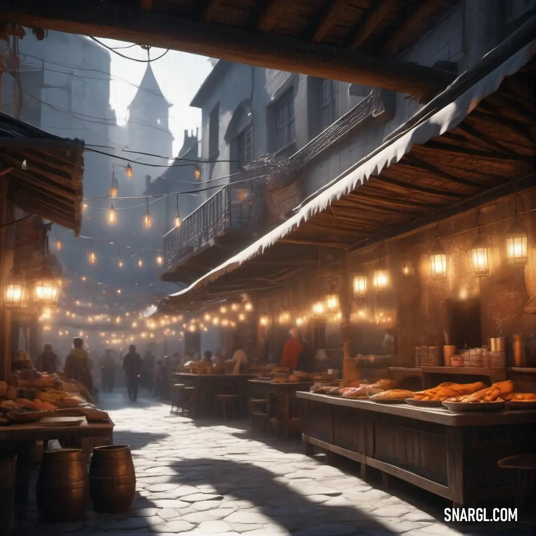 A bustling street scene unfolds, showcasing vibrant food stalls filled with delicious offerings and a crowd of people enjoying the lively atmosphere. Distant buildings glow with lights, adding charm to the lively urban landscape.