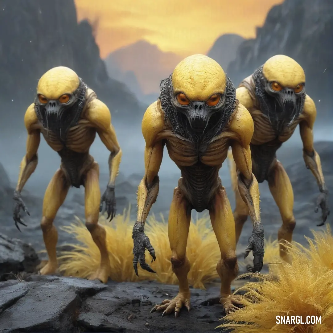 Three alien-like figures traverse a rocky landscape, their colorful forms striking a vibrant contrast against the rugged terrain, bringing a sense of life and energy to the scene.