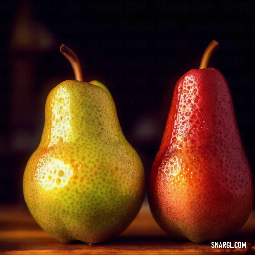 Two pears and a pear on a table with a black background. Color NCS S 3050-Y.