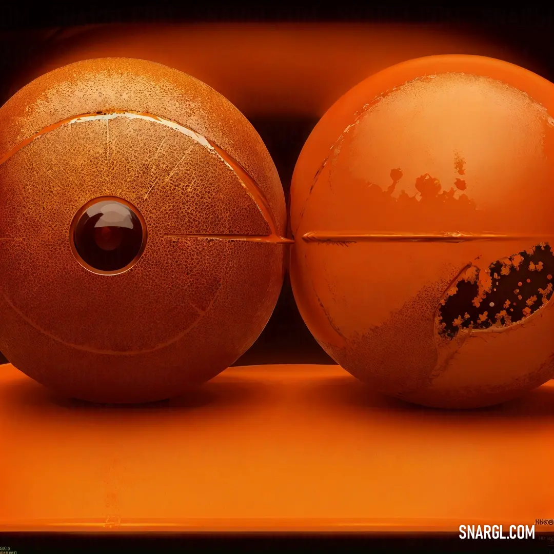 Two vibrant orange balls with strategic holes placed neatly on a shelf, against a dark black background. Their textured surfaces and bold color create a dynamic and eye-catching display that contrasts with the minimalist surroundings.