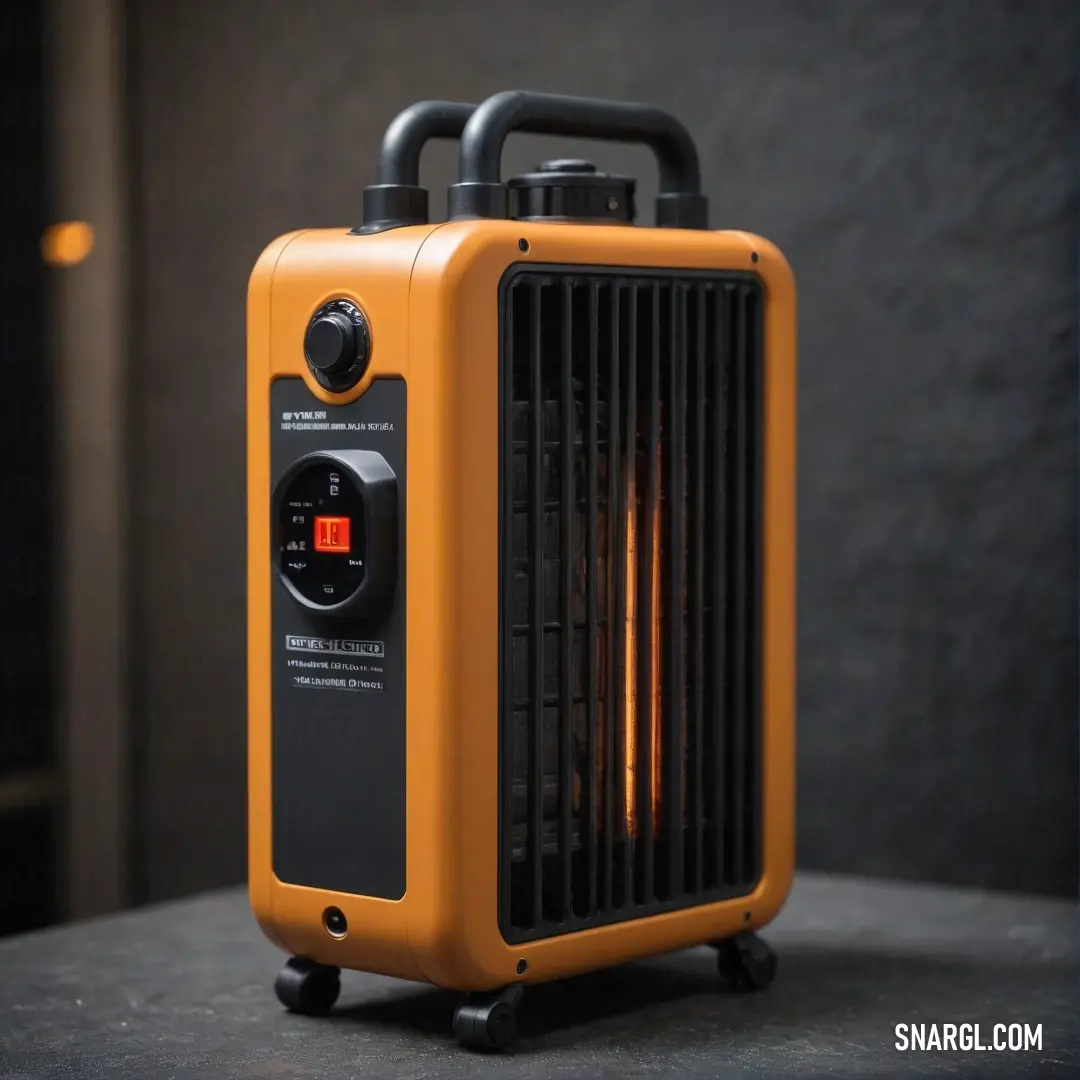 A cozy yellow portable heater perched on a sturdy table, radiating warmth against a softly lit wall. The heater's vibrant color adds a cheerful touch while exemplifying NCS S 3050-Y, creating a welcoming atmosphere in the room.