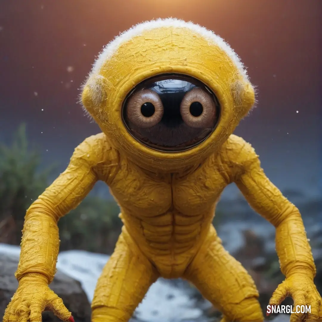 A vibrant yellow toy with a playful personality, featuring a charming black nose and bulging eyes. Adorned with a nose ring, it stands out amidst a backdrop of colorful toys, showcasing an enchanting RGB hue of 156, 122, 25 that adds warmth to its whimsic