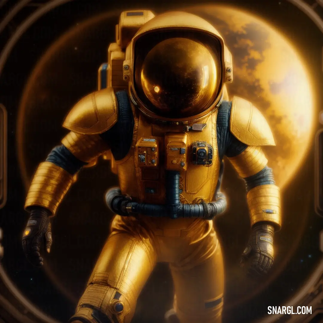 Space suit is shown in a picture with a yellow background. Example of RGB 175,120,18 color.