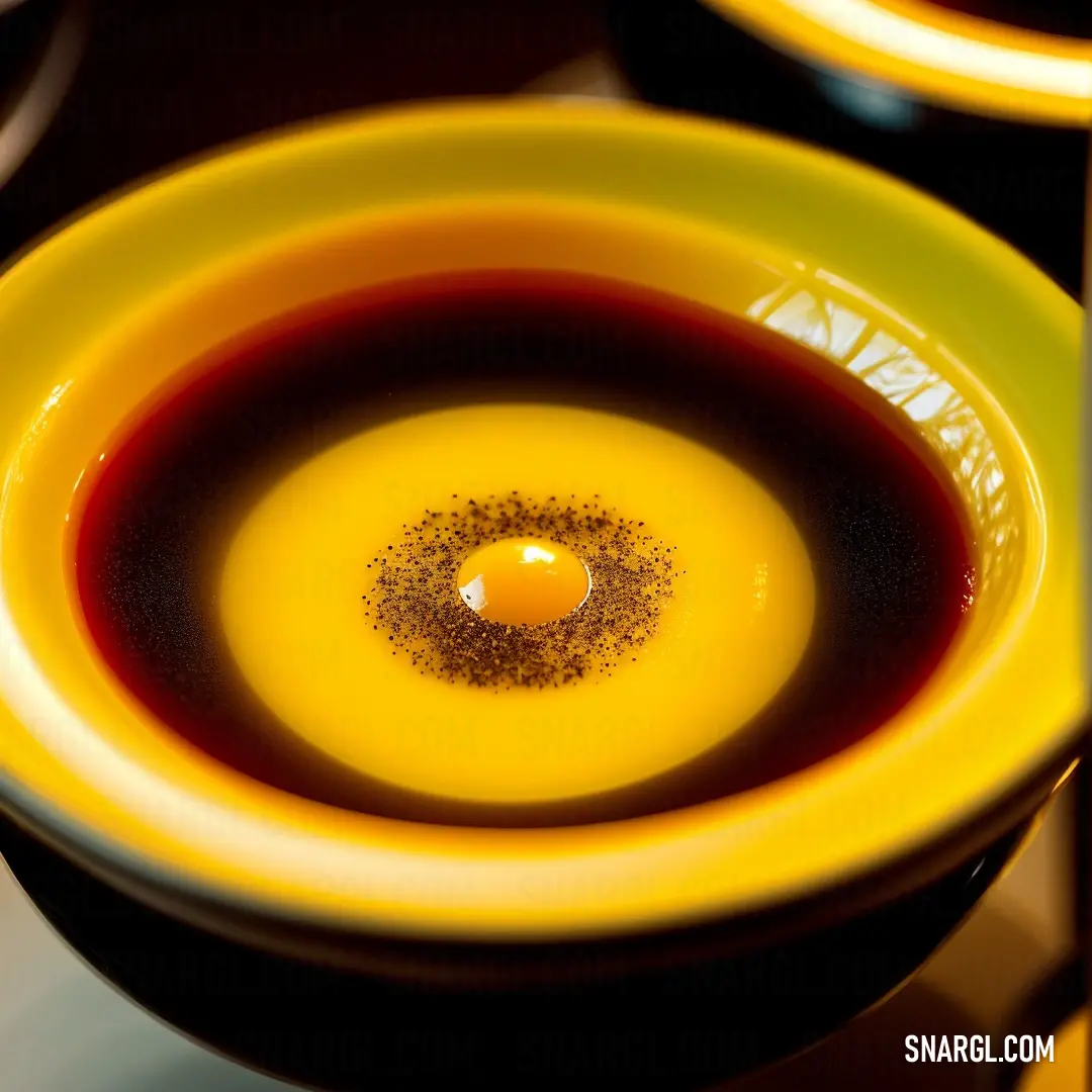 Yellow and red bowl with a black center and a yellow rim with a brown center and a black center. Example of NCS S 3050-Y10R color.