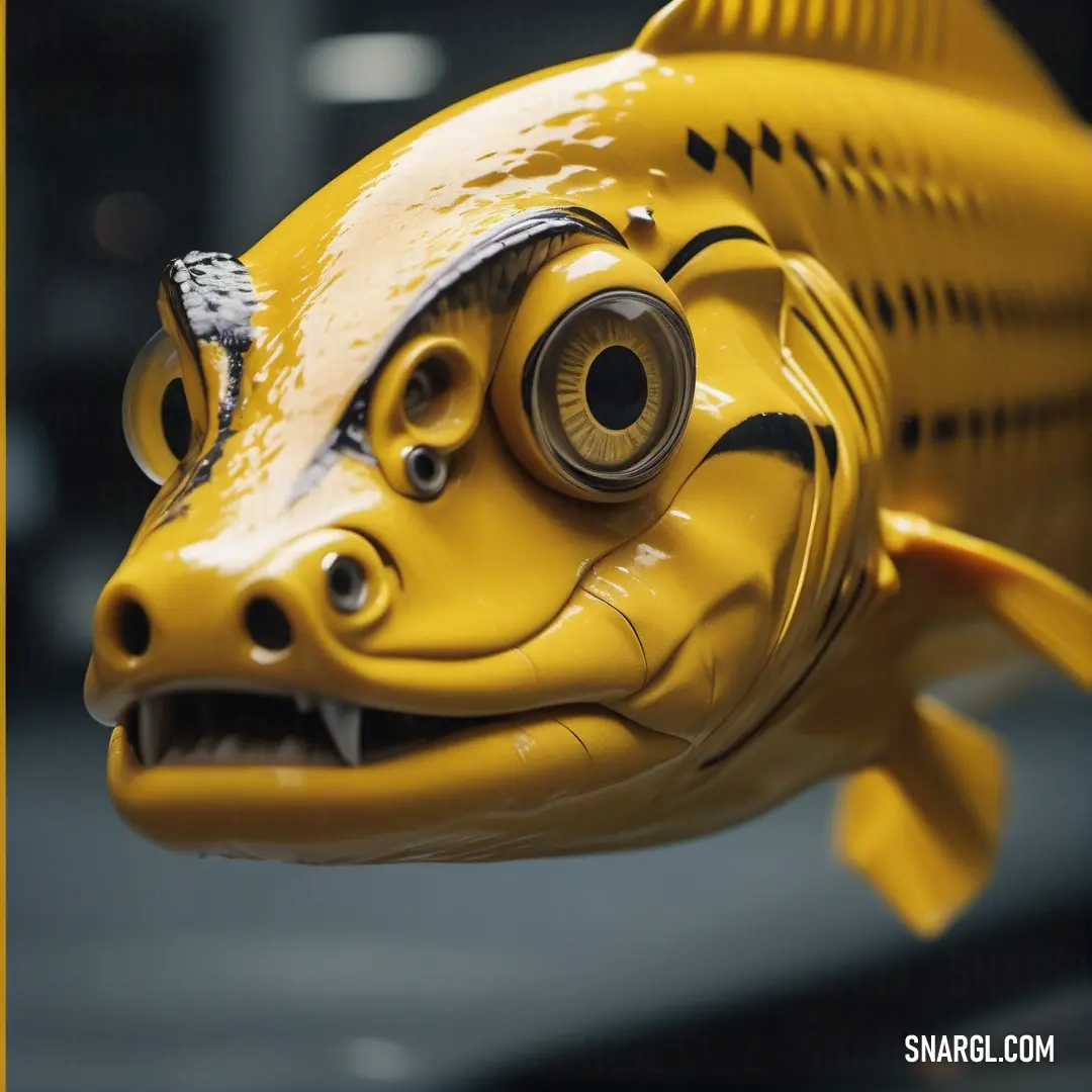 Yellow fish with big eyes and a smile on its face is hanging from a hook on a hook. Color #AF7812.