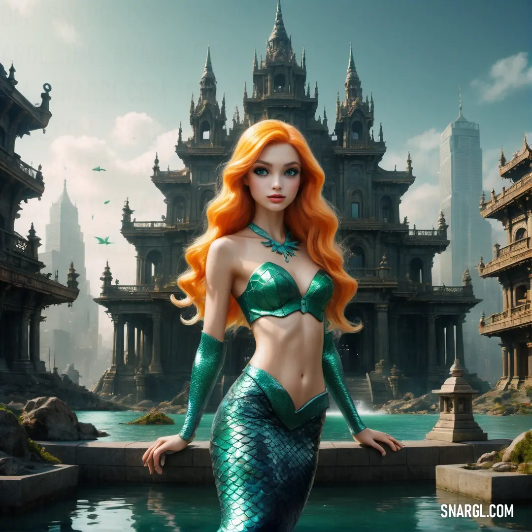 Beautiful redhead mermaid standing in front of a castle with a fountain and castle like buildings in the background