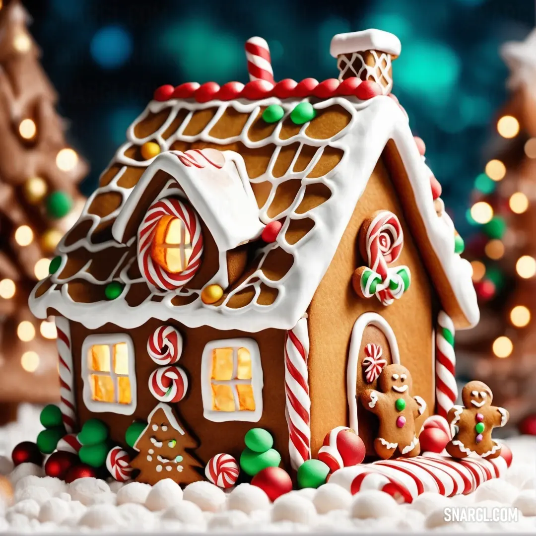 Gingerbread house with candy and candy canes on it's roof and trees in the background. Color #BC6923.