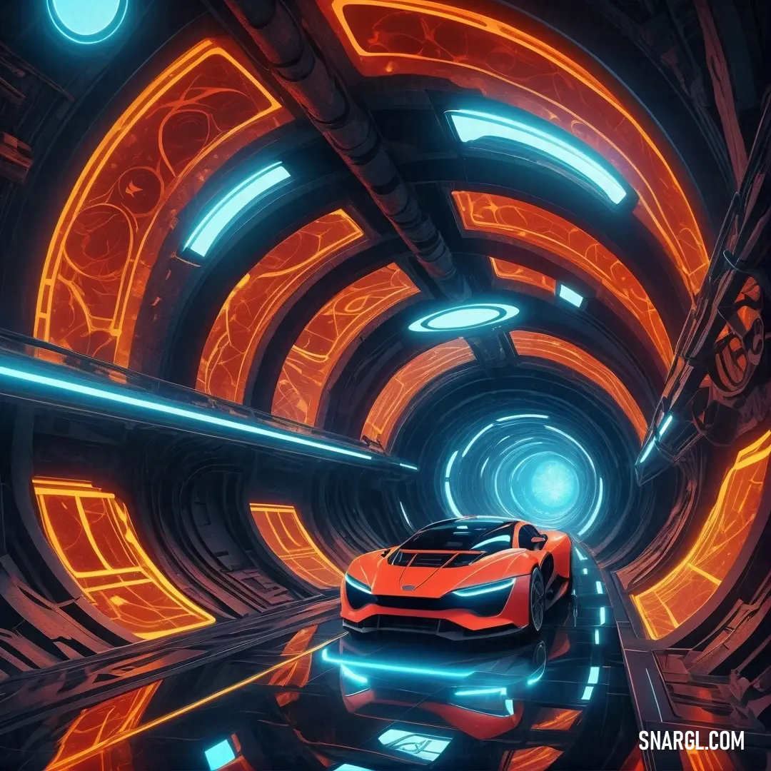 Futuristic car driving through a tunnel with neon lights on it's sides and a bright orange car in the middle. Color NCS S 3050-Y60R.