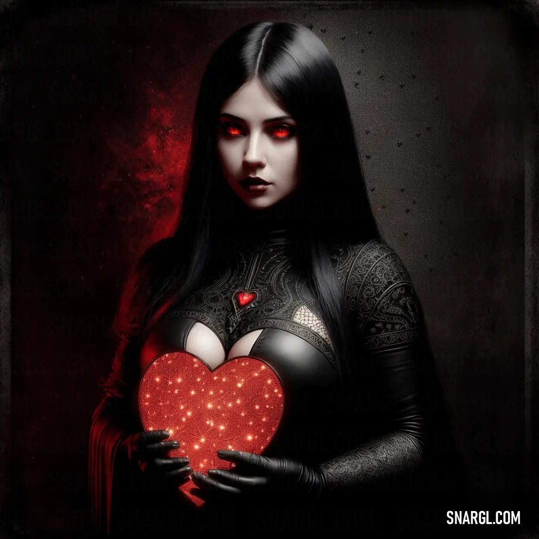 Woman holding a heart shaped object in her hands with red eyes and dark skin on her chest. Color #B74030.