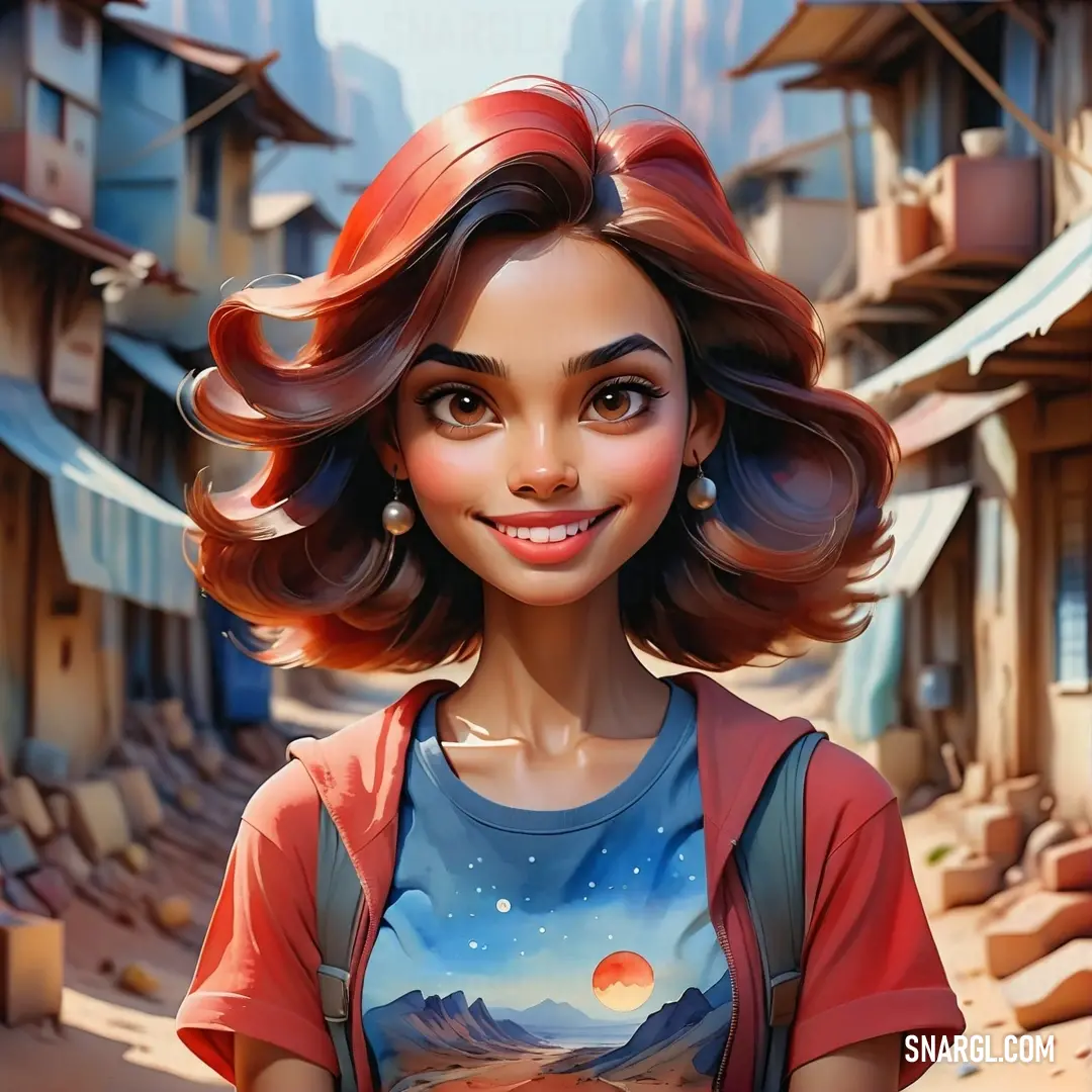 Woman with a backpack and a shirt on in a street with buildings and a sky background. Example of NCS S 3050-Y70R color.
